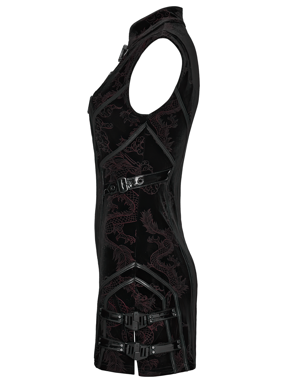 Cyber Chinese Dragon Mini Dress with Buckle Details in sleek black with intricate dragon patterns.