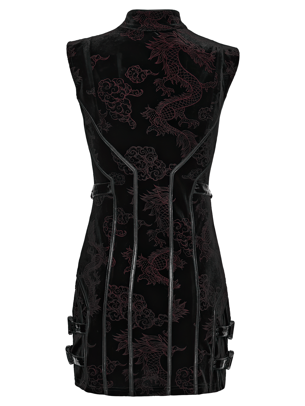 Back view of the Cyber Chinese Dragon Mini Dress with Buckle Details showcasing intricate dragon designs.