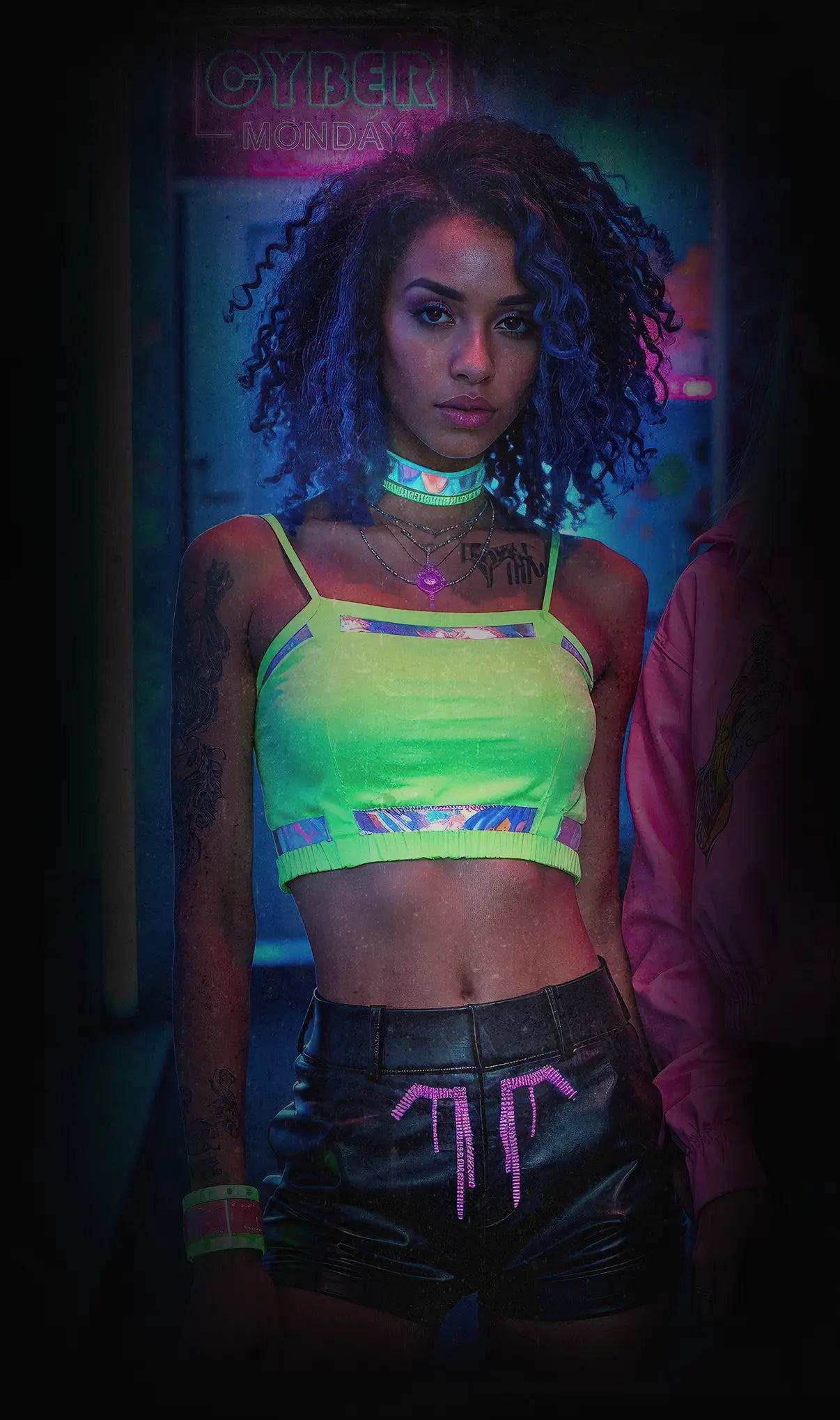 Two women in neon streetwear featuring futuristic Cyber Monday fashion.