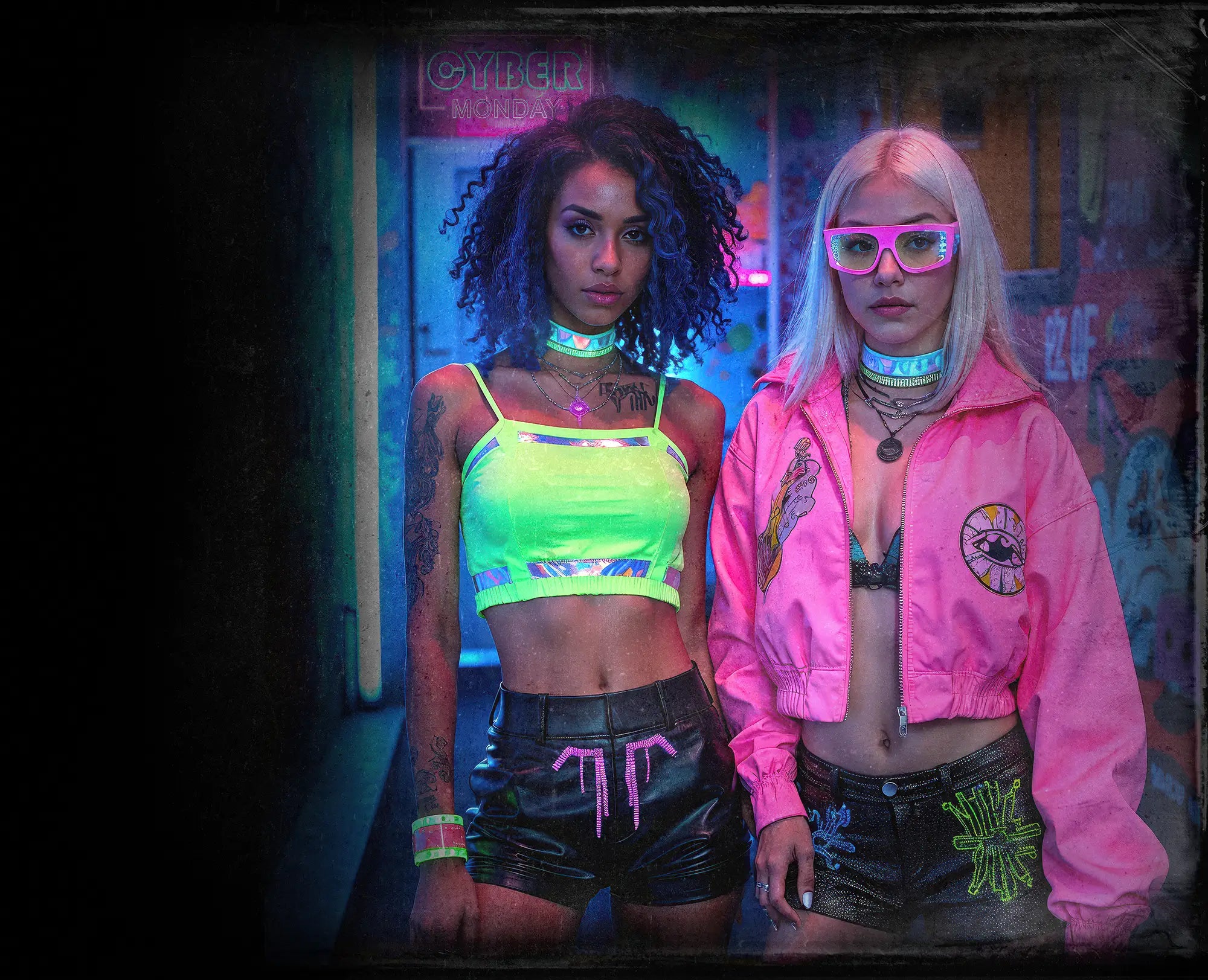 Two women in neon streetwear featuring futuristic Cyber Monday fashion.