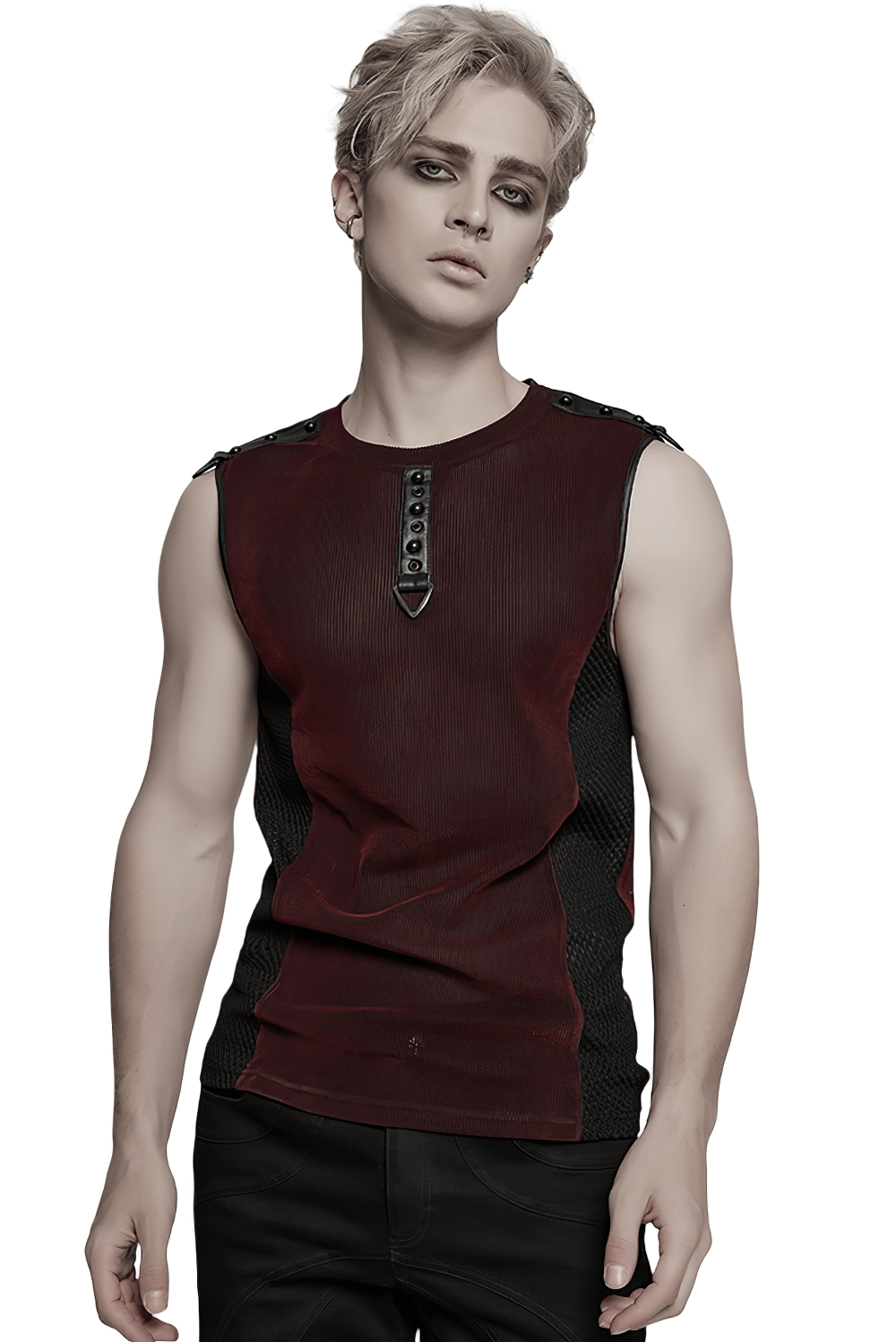 Edgy Cyber Punk Mesh Tank Top with Buckles, featuring triangular buckles and a sleek design for alternative streetwear.
