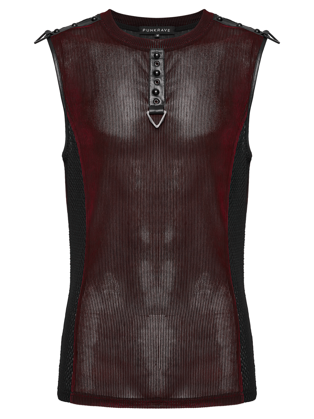 Edgy Cyber Punk Mesh Striped Tank Top with Buckles, featuring triangular buckles and sleek design for alternative streetwear.