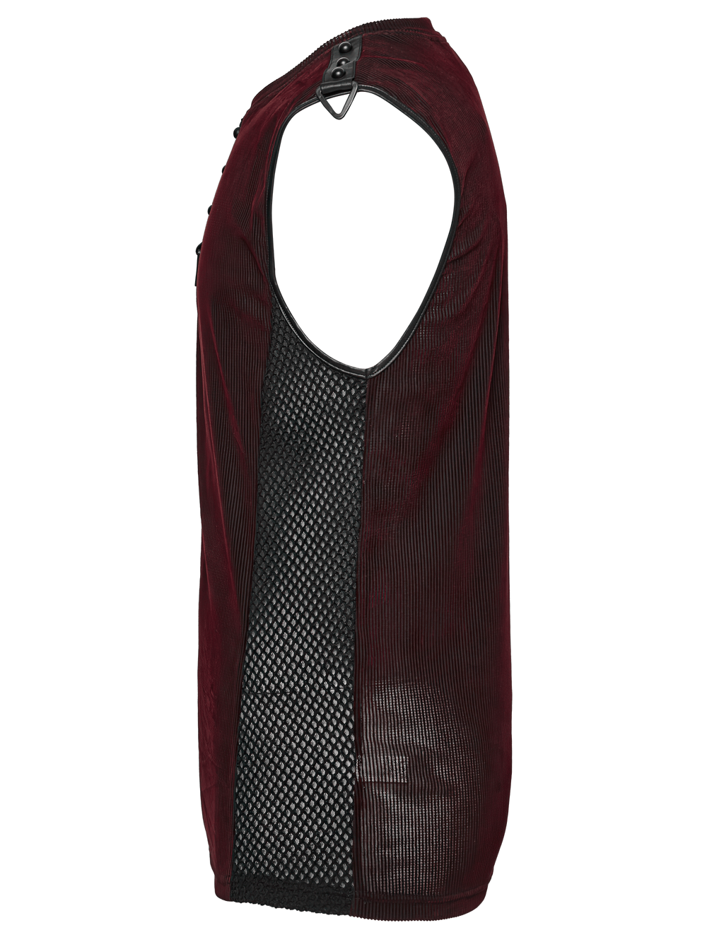 Side view of a Cyber Punk Mesh Striped Tank Top featuring triangular buckles and a sleek, edgy design.