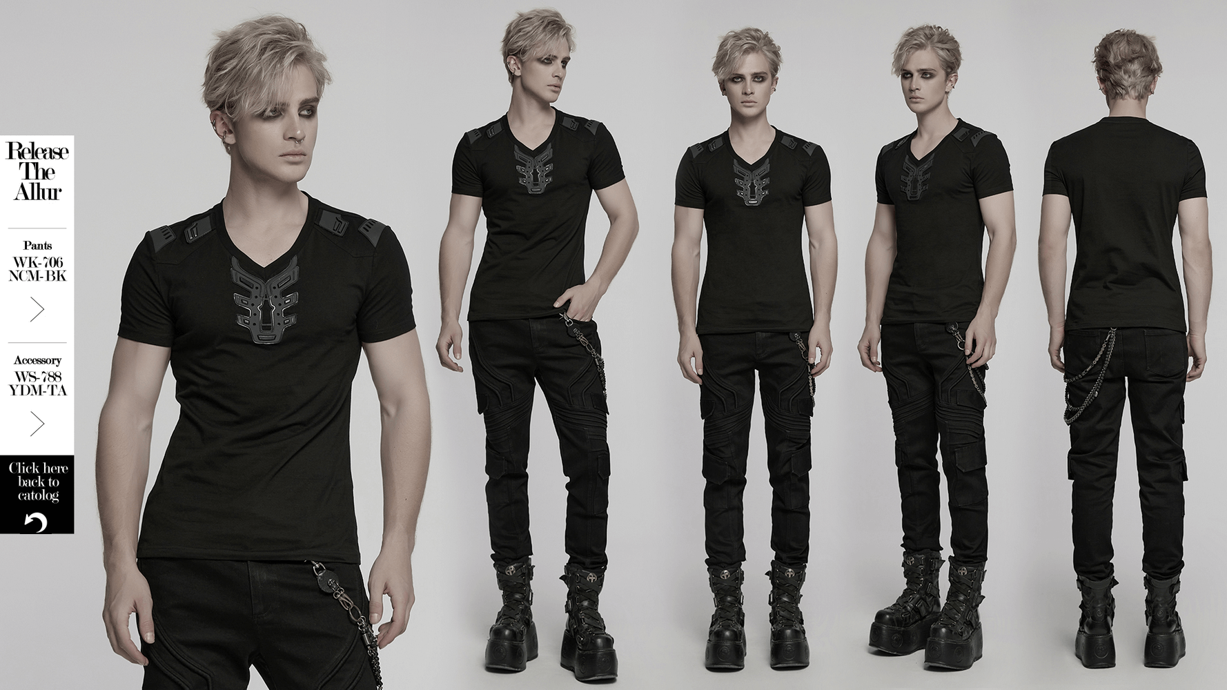 Futuristic cyberpunk black T-shirt with rubber patch detailing and V-shaped shoulders, showcased in multiple angles.