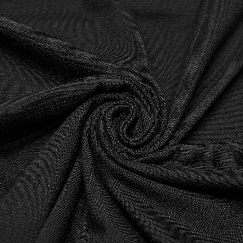 Close-up of soft black knitted fabric, perfect for futuristic Cyberpunk T-shirts with excellent stretch and style.