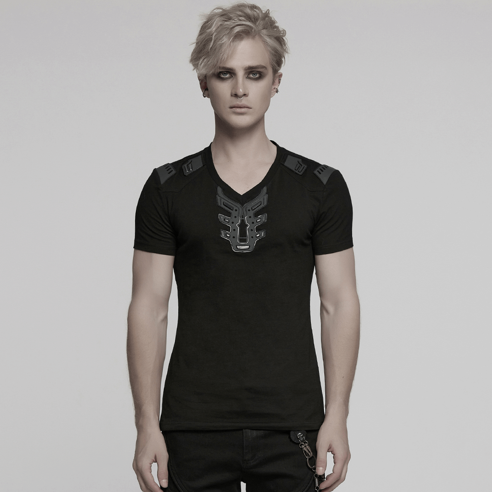 Futuristic Cyberpunk 3D rubber patch black T-shirt with V-shaped shoulders for a sleek, avant-garde style.