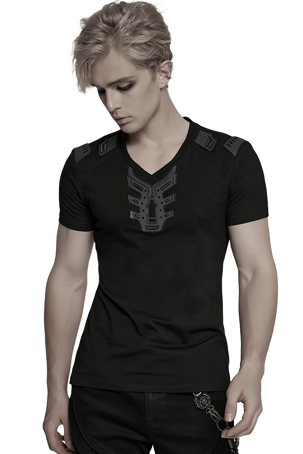 Futuristic black Cyberpunk T-shirt with 3D rubber detailing and V-shaped shoulders, modeled by a young man.