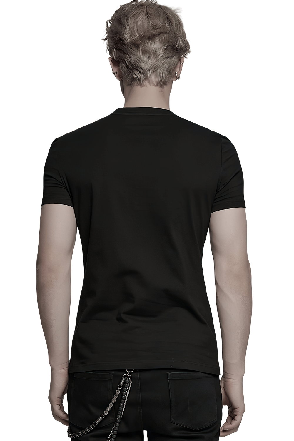 Back view of a fitted black Cyberpunk T-shirt with V-shaped shoulders and sleek design.
