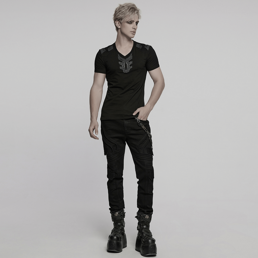 Model showcasing Cyberpunk 3D rubber patch T-shirt with V-shaped shoulders, styled in monochrome fashion.