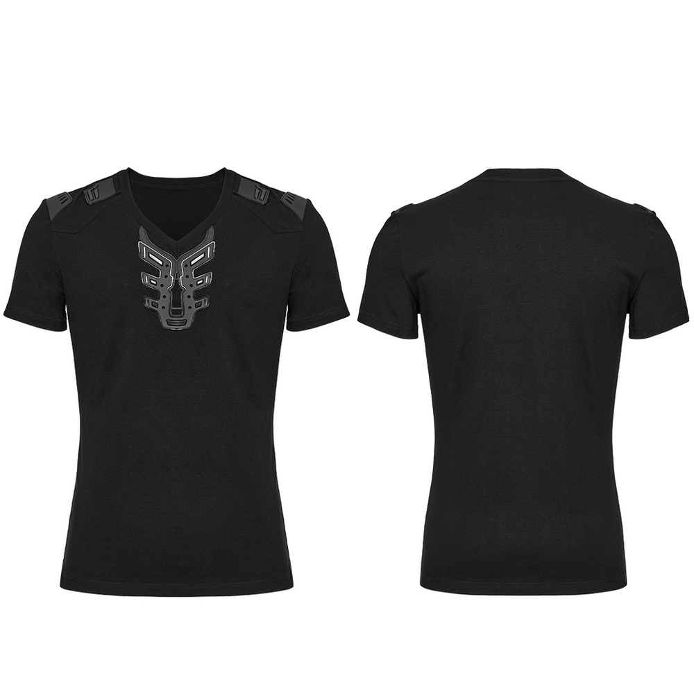 Futuristic black Cyberpunk T-shirt with 3D rubber patch and V-shaped shoulders, perfect for stylish, avant-garde looks.