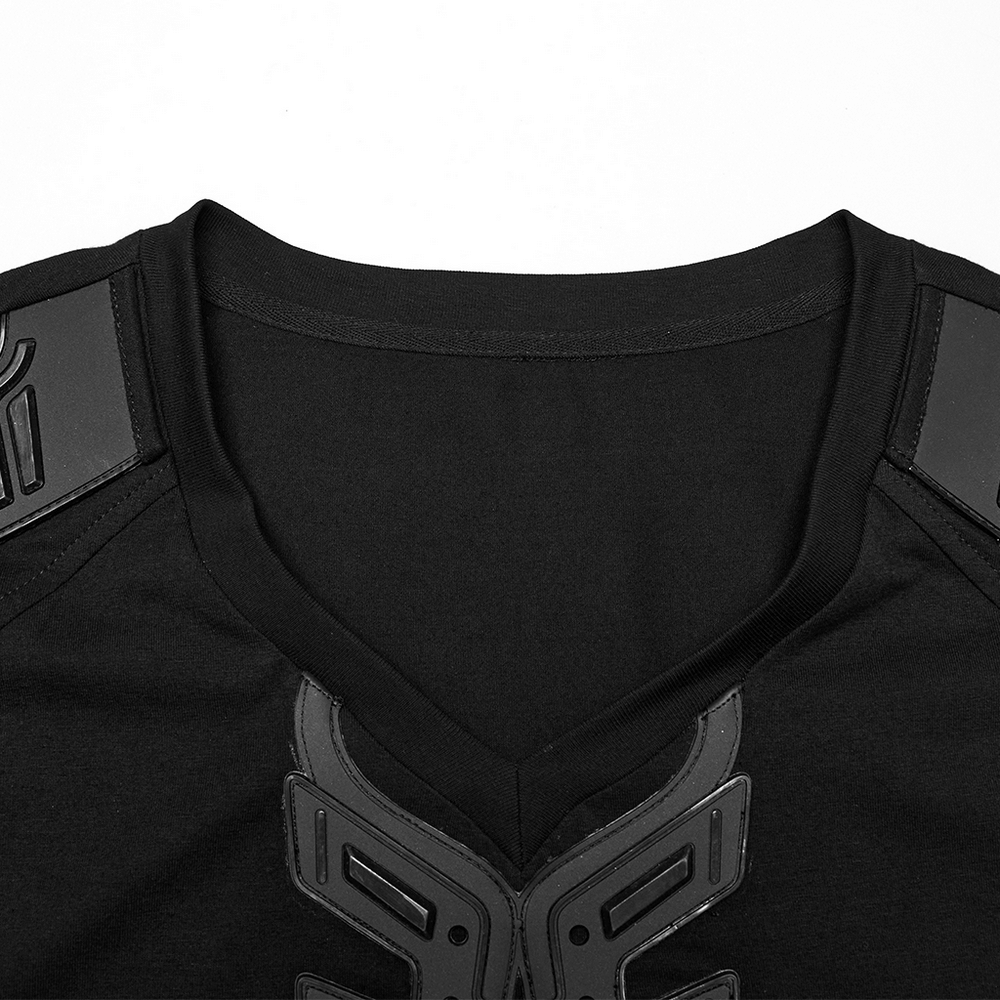 Close-up of a black Cyberpunk T-shirt showing V-shaped neckline and black rubber shoulder patches.