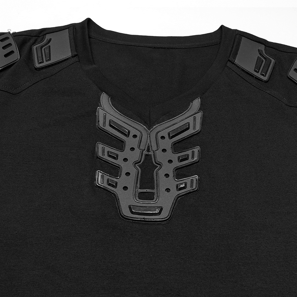 Futuristic black Cyberpunk T-shirt featuring V-shaped rubber patches and innovative 3D detailing.