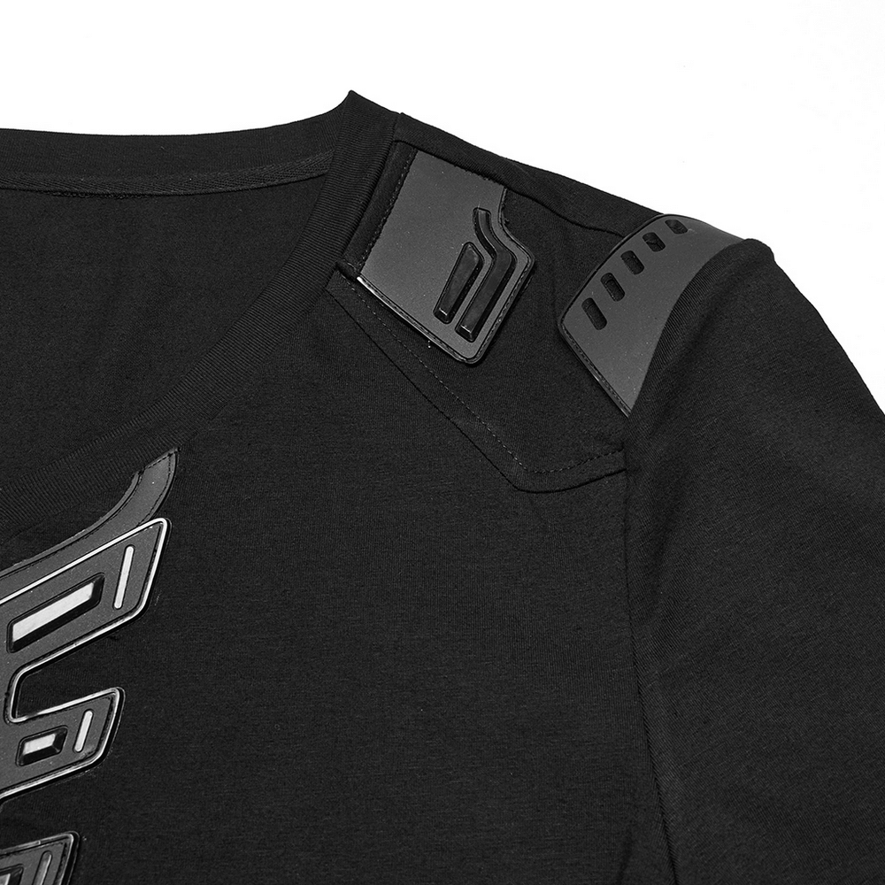 Close-up of Cyberpunk T-shirt shoulder with 3D rubber detailing and V-shaped design.