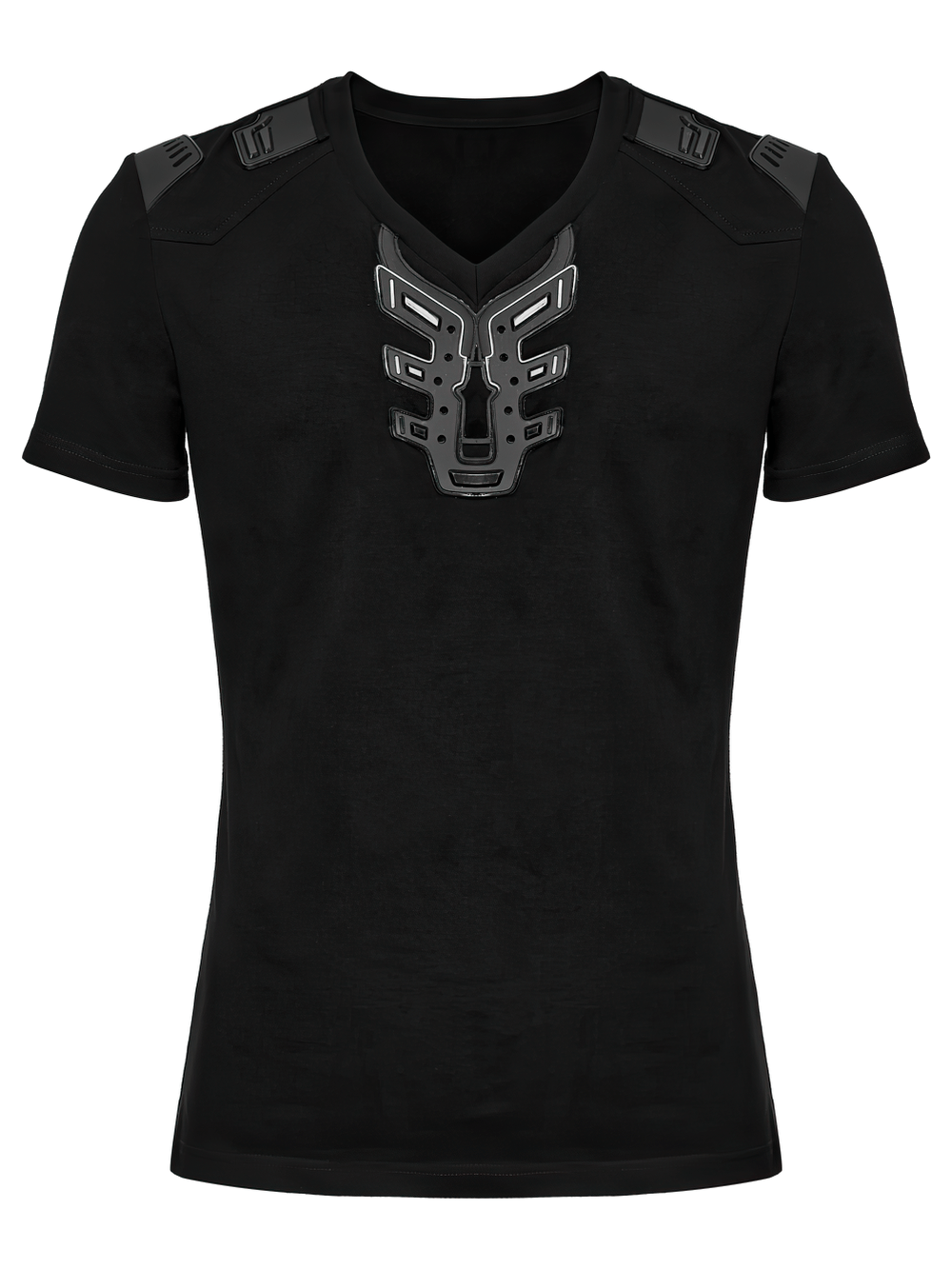 Futuristic Cyberpunk 3D Rubber Patch T-shirt with V-shaped shoulders in sleek black design.