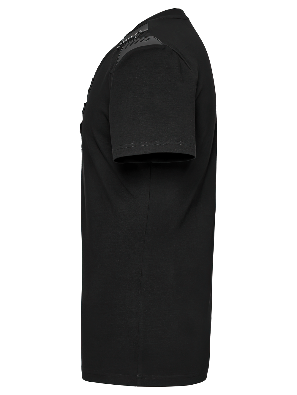 Side view of a Cyberpunk 3D Rubber Patch T-shirt showcasing V-shaped shoulders and black rubber detailing.