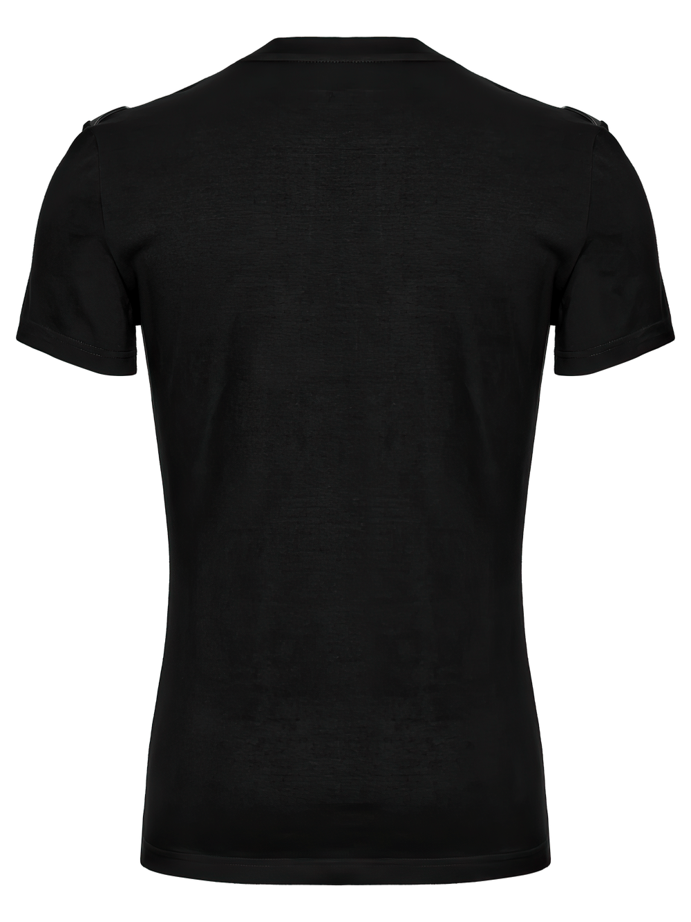 Back view of a sleek black Cyberpunk T-shirt featuring V-shaped shoulders and rubber detailing.