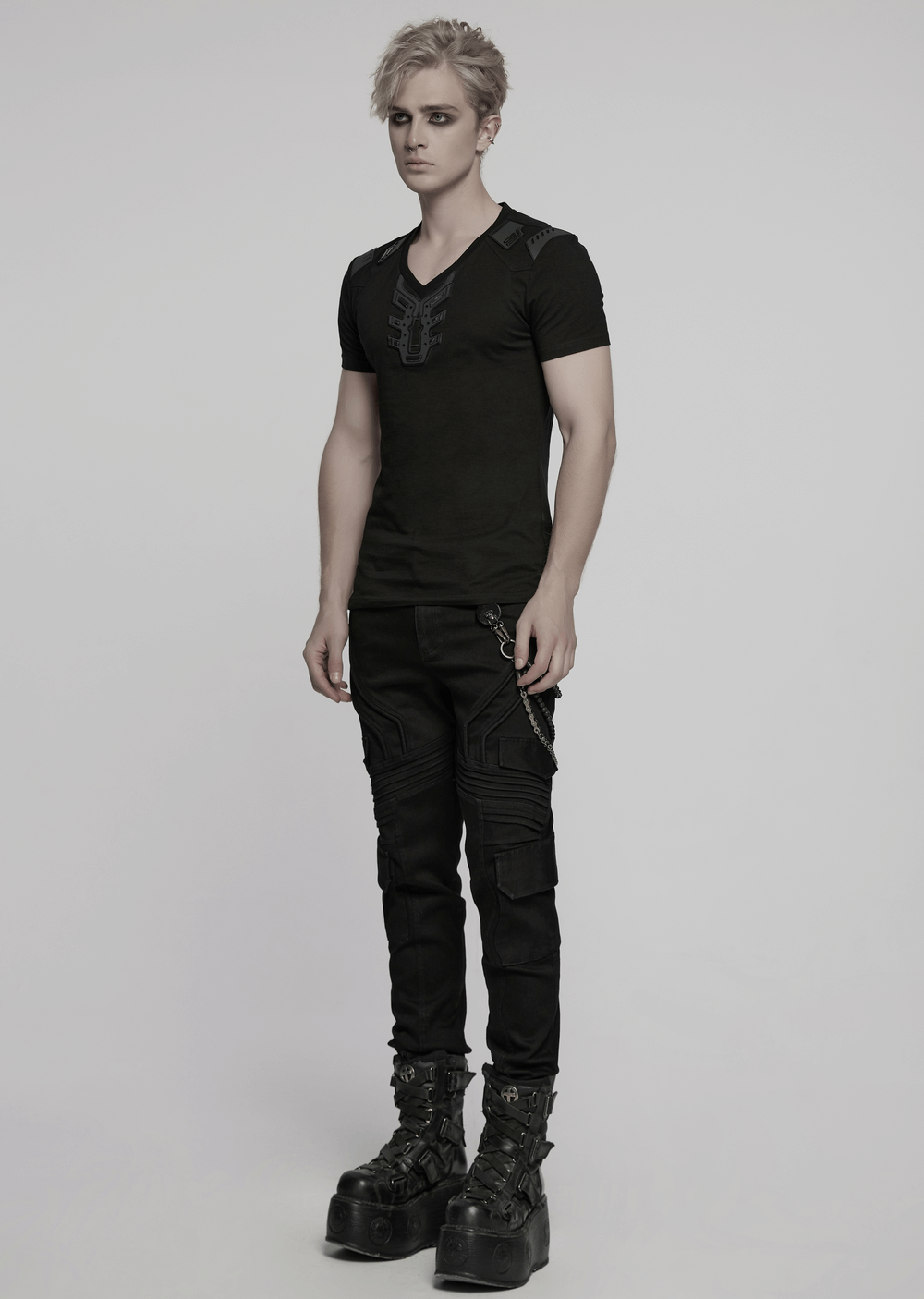 Futuristic Cyberpunk T-shirt with V-shaped shoulders and 3D rubber detailing for a sleek, avant-garde style.