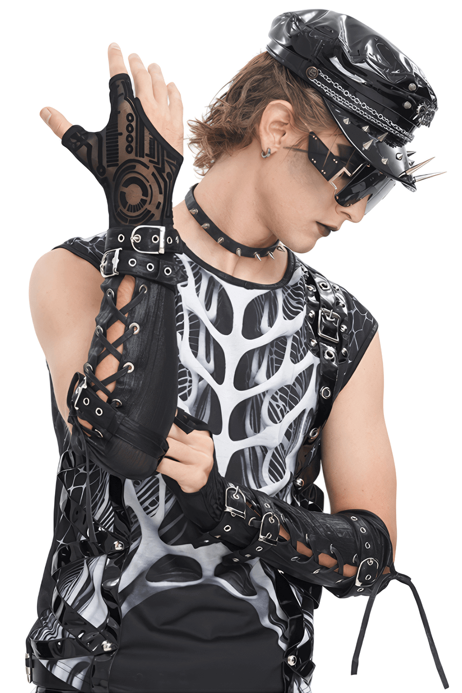 Stylish model showcasing Cyberpunk Arm Gauntlets with buckle straps and unique circuit pattern details.