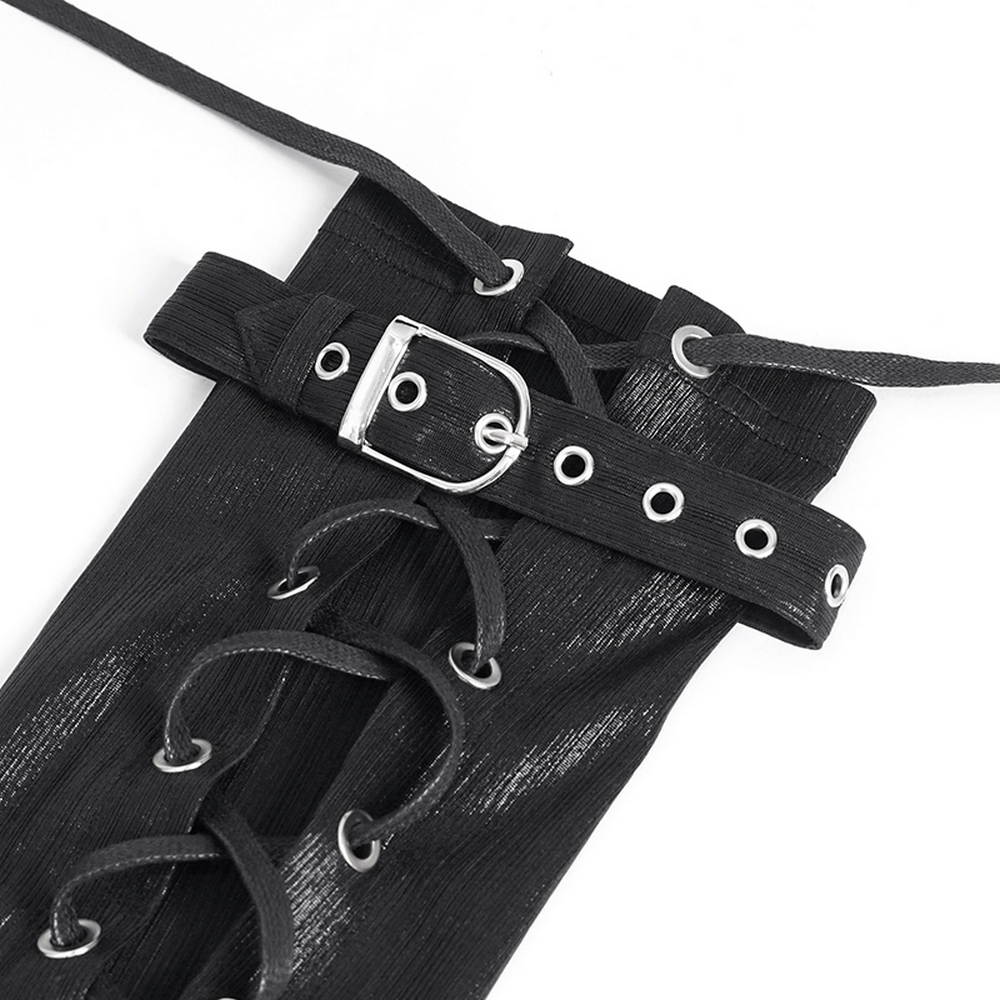 Close-up of black cyberpunk arm gauntlet featuring adjustable buckle straps and lace details.
