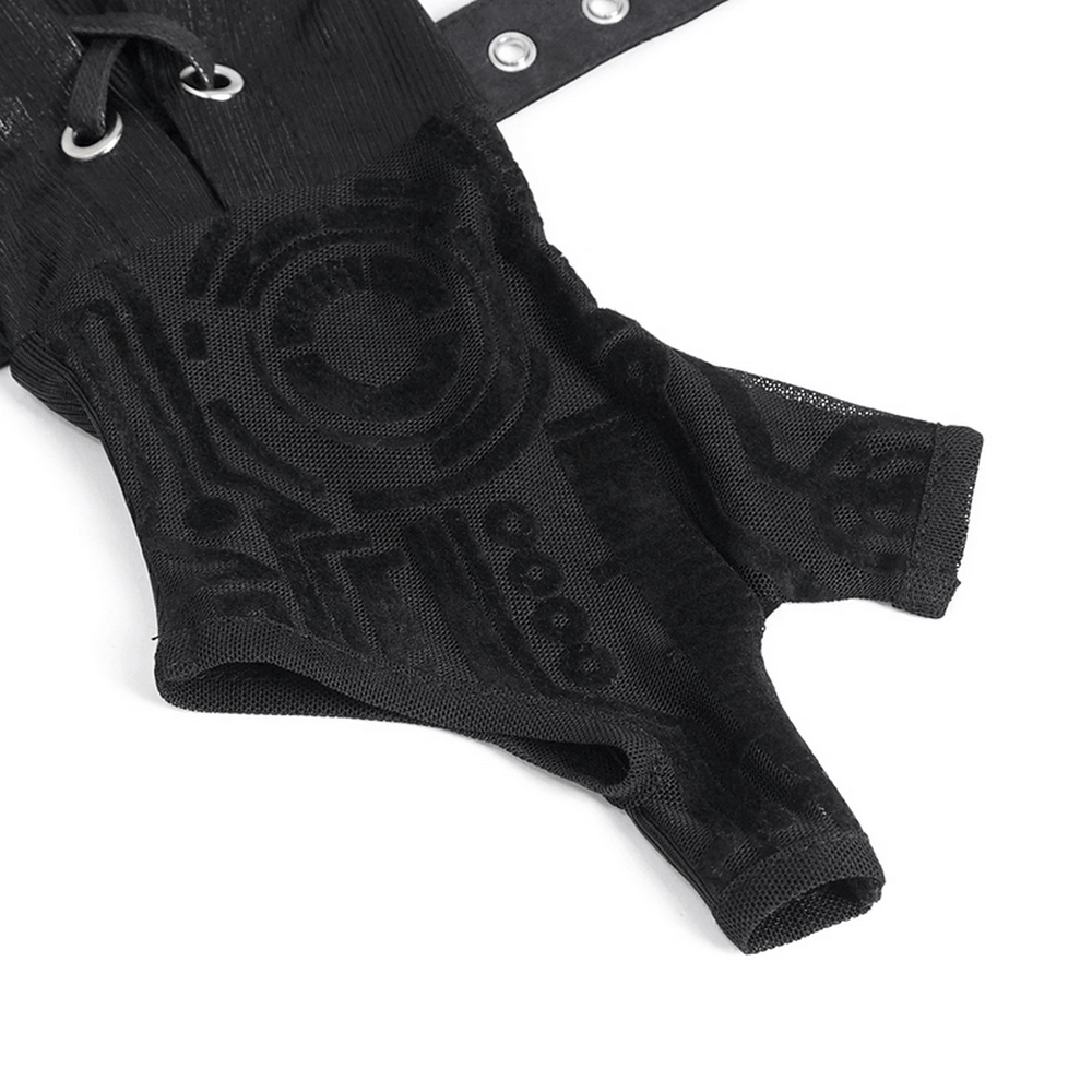 Close-up of black Cyberpunk arm gauntlets with intricate circuit pattern and buckle straps for a futuristic look.