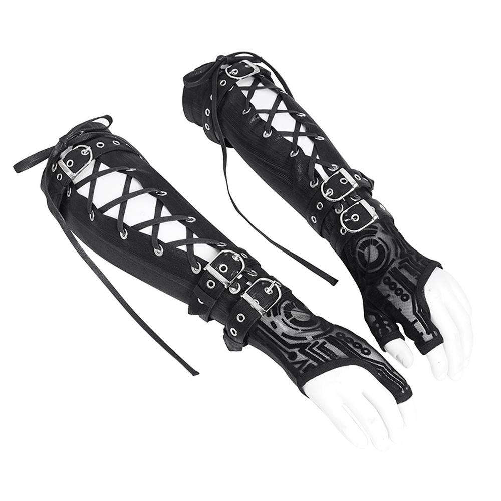 Men's Cyberpunk Arm Gauntlets with buckle straps, featuring a unique circuit pattern and adjustable fit.