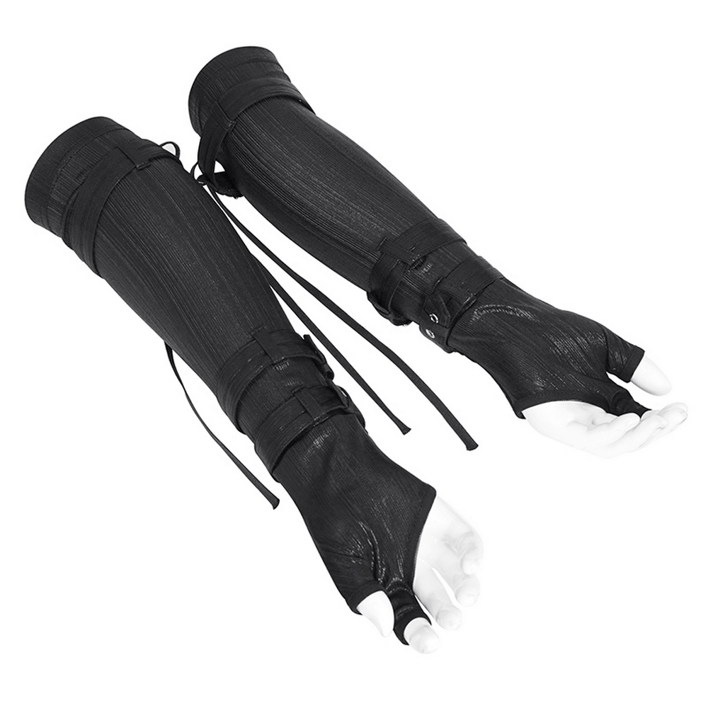 Men's Cyberpunk arm gauntlets in black with buckle straps, perfect for cosplay and edgy fashion styles.