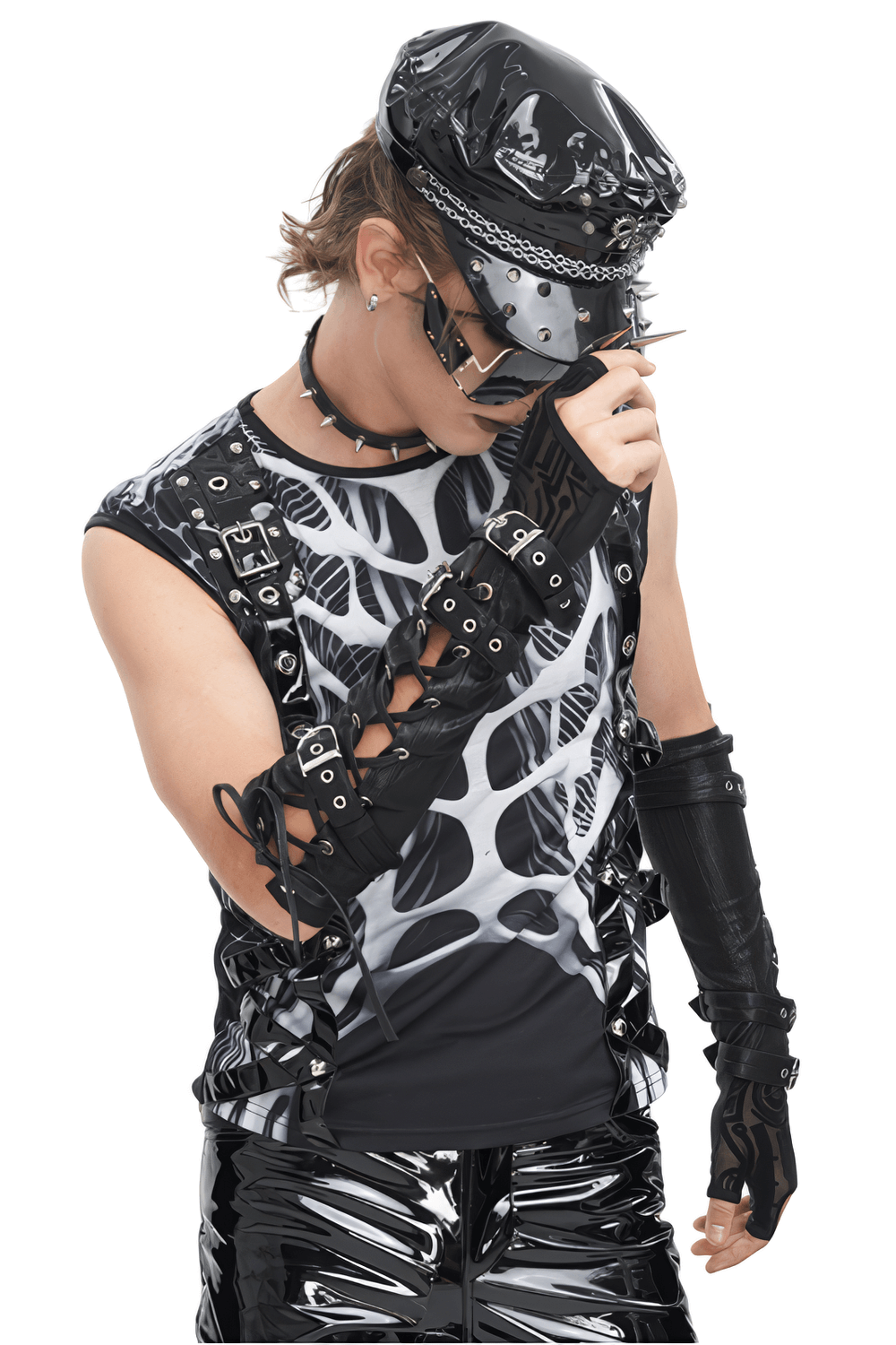Men's cyberpunk outfit featuring glossy arm gauntlets with buckle straps and edgy accessories for a futuristic look.