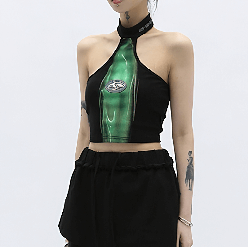 Cyberpunk Backless Halter Tops with Print / Fashion Slim Sleeveless Short Crop Top - HARD'N'HEAVY