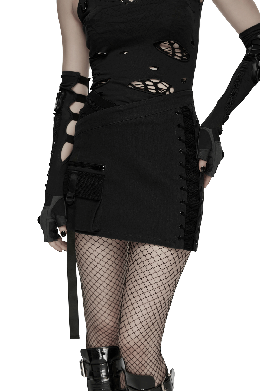 Cyberpunk Black Asymmetrical Bodycon Mini Skirt showcasing a unique design with pockets and bold details for a gothic street style.