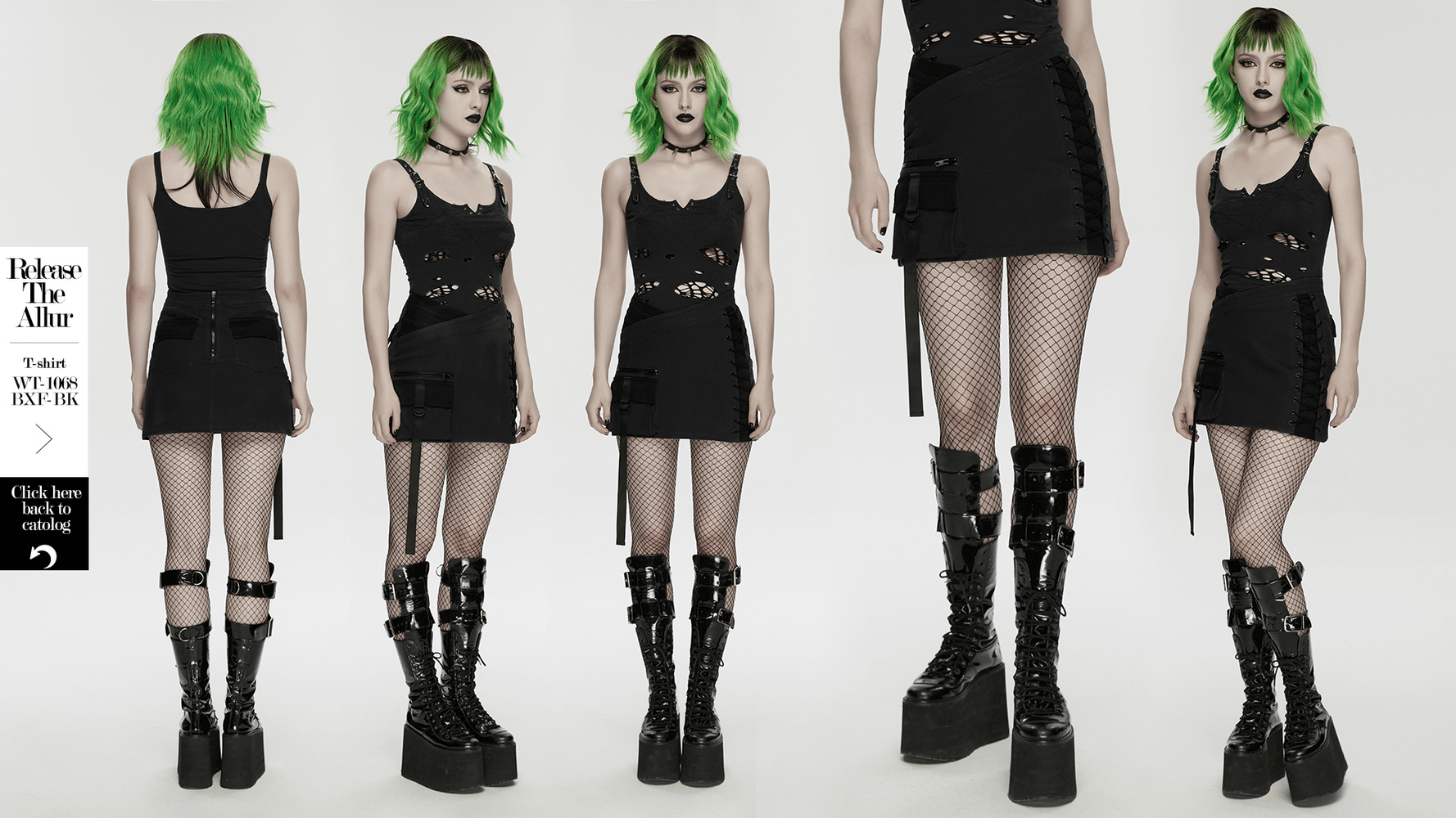 Cyberpunk Black Asymmetrical Bodycon Mini Skirt styled with fishnet tights and platform boots, showcasing a bold street look.