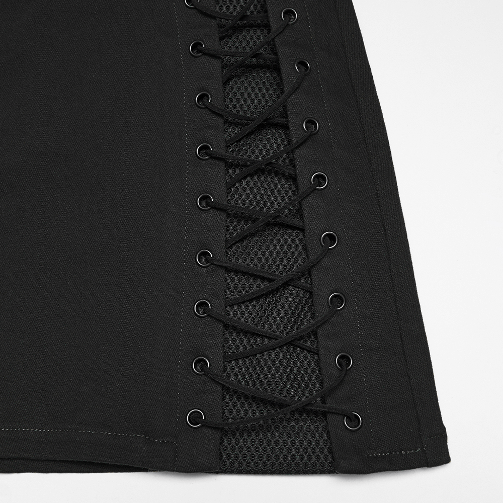 Cyberpunk Black Asymmetrical Bodycon Mini Skirt detail showcasing lace-up design and mesh panels.