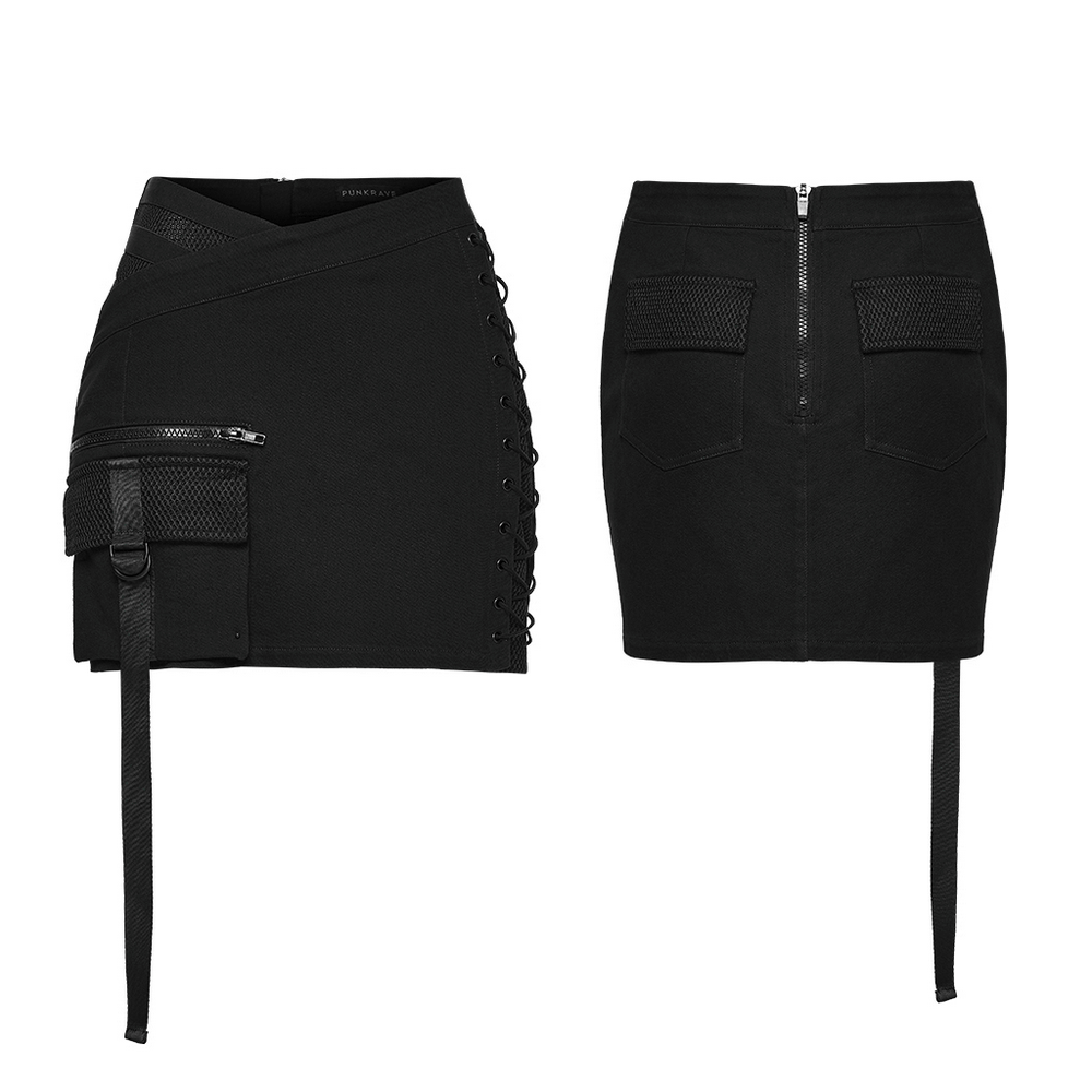 Cyberpunk Black Asymmetrical Bodycon Mini Skirt featuring pockets and unique design details.