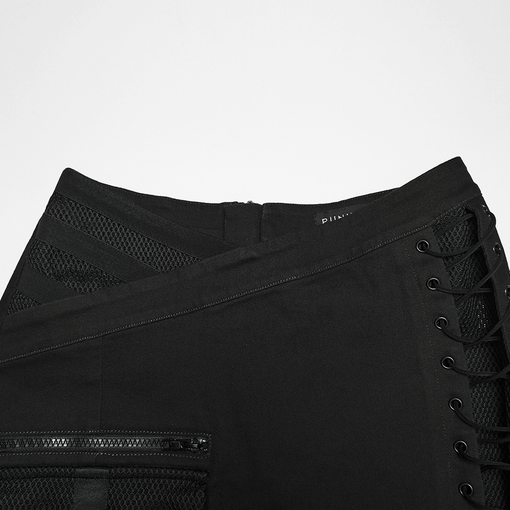 Cyberpunk Black Asymmetrical Bodycon Mini Skirt showcasing pockets and drawstring details.