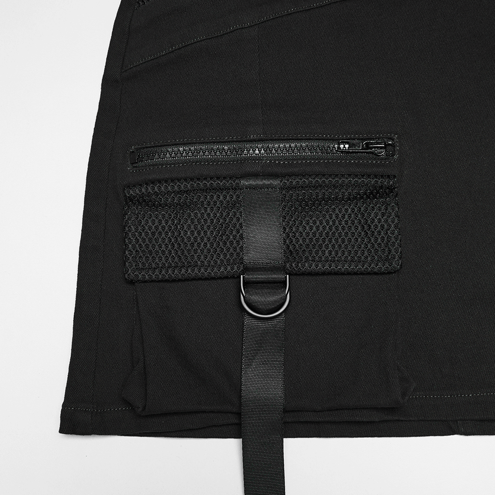 Cyberpunk Black Asymmetrical Bodycon Mini Skirt close-up showing pockets and detailed zippers.