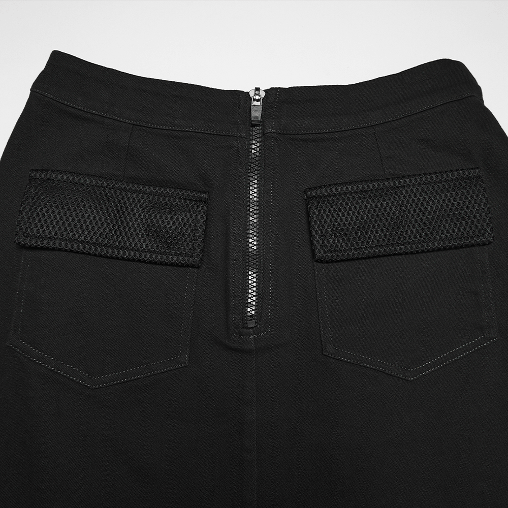 Cyberpunk Black Asymmetrical Bodycon Mini Skirt with decorative mesh pocket details and zipper back.