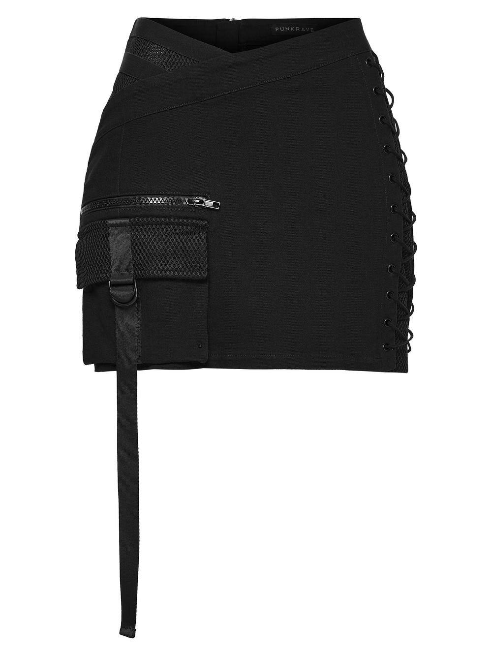 Cyberpunk Black Asymmetrical Bodycon Mini Skirt with metallic detailing and pocket features.