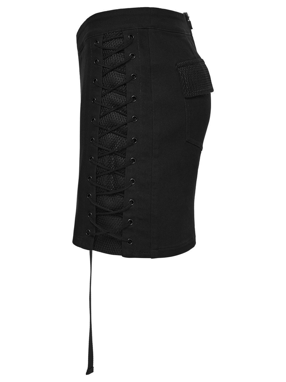Cyberpunk Black Asymmetrical Bodycon Mini Skirt showcasing a stylish corset lace-up side and functional pockets.
