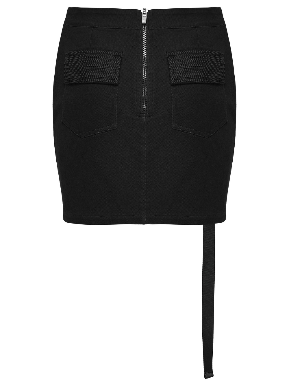 Cyberpunk Black Asymmetrical Bodycon Mini Skirt displayed with zip at the back and decorative patch pockets.