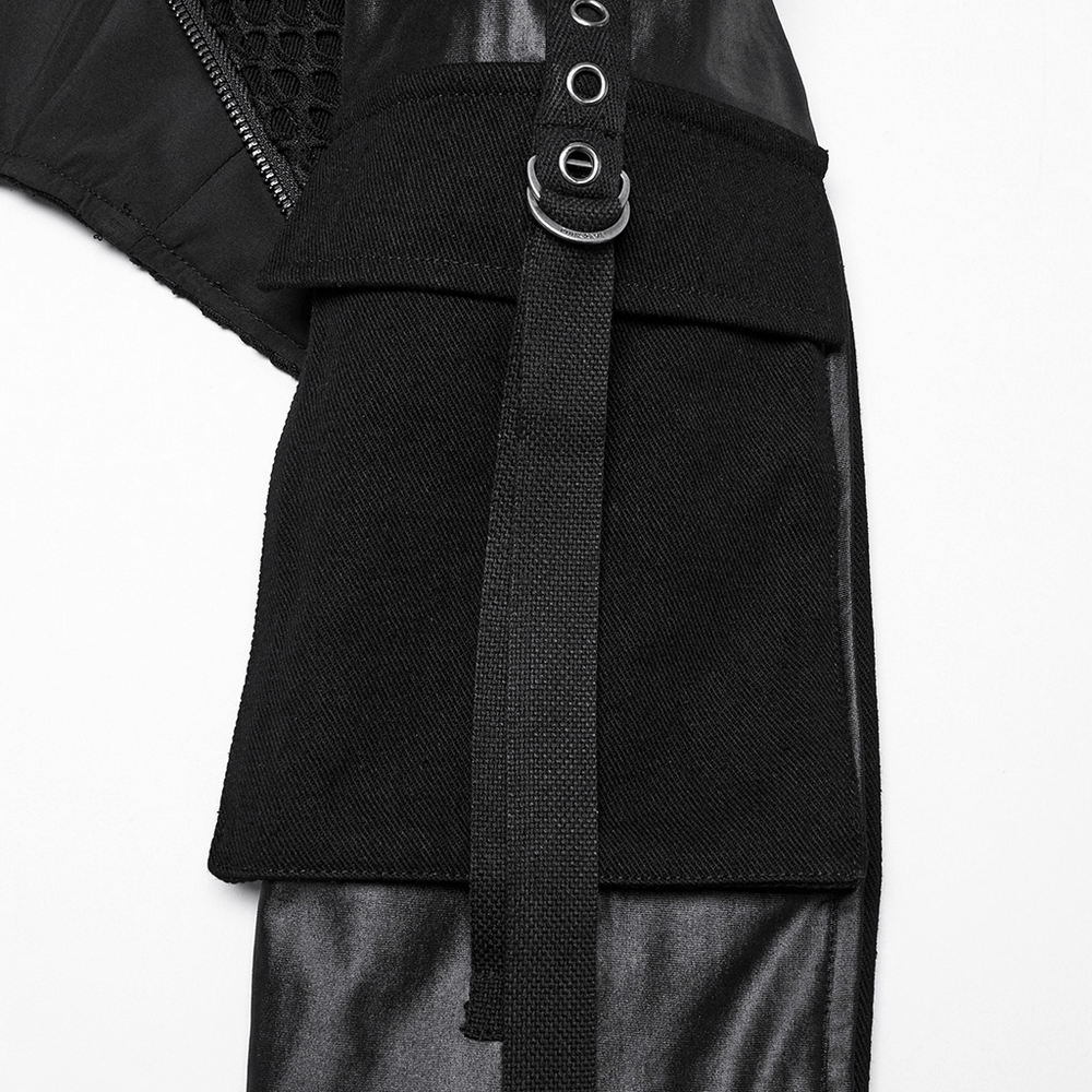 Close-up of the Cyberpunk black cropped jacket showcasing zippers and mesh details for a stylish, edgy look.