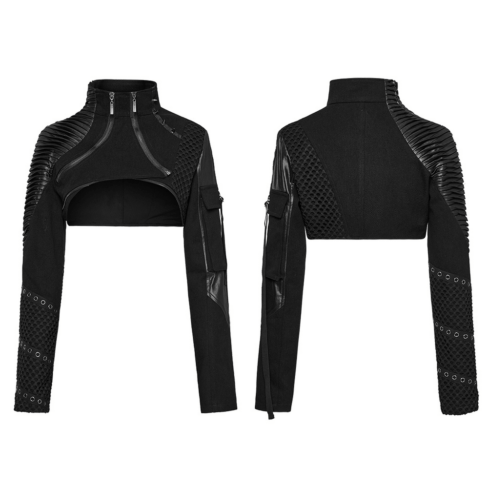 Cyberpunk black cropped jacket featuring zippers and mesh paneling for a stylish, edgy look.