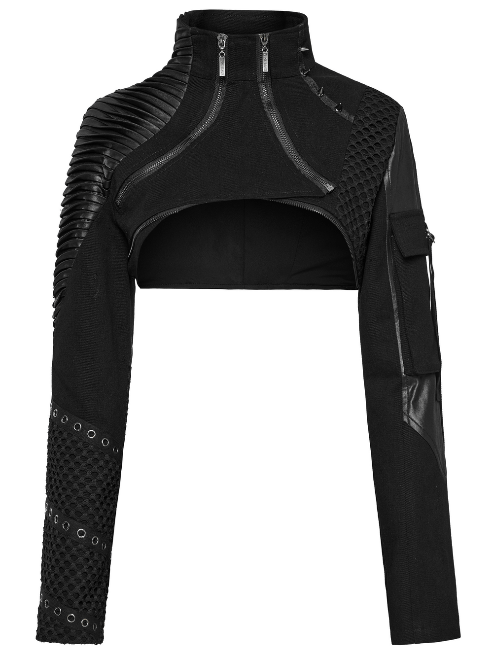 Stylish cyberpunk black cropped jacket featuring zippers and mesh details for a bold, modern look.