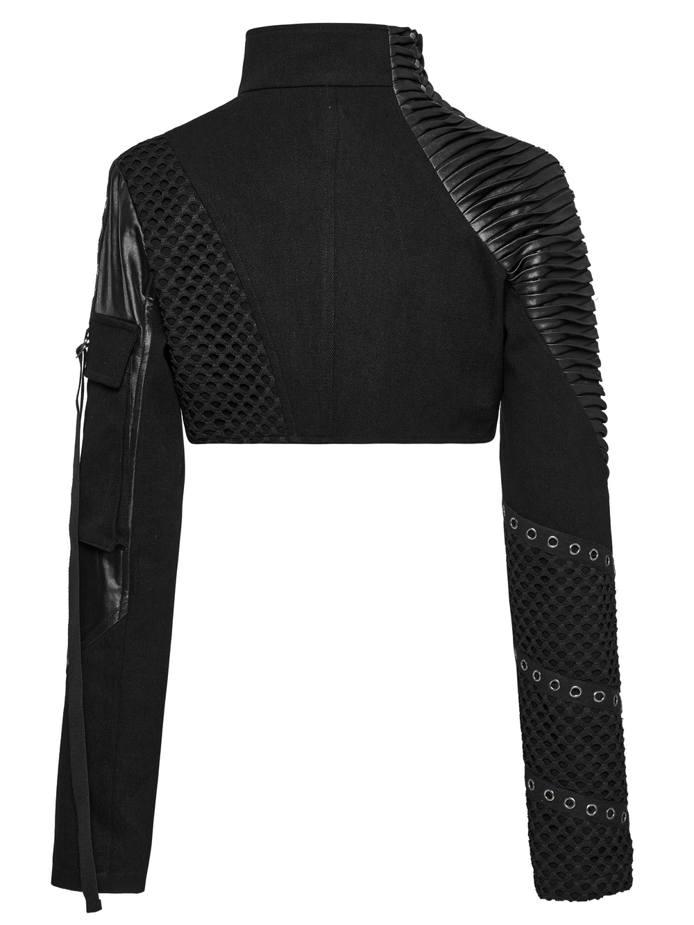 Cyberpunk black cropped jacket with zippers and mesh detailing, showcasing a unique, stylish design.