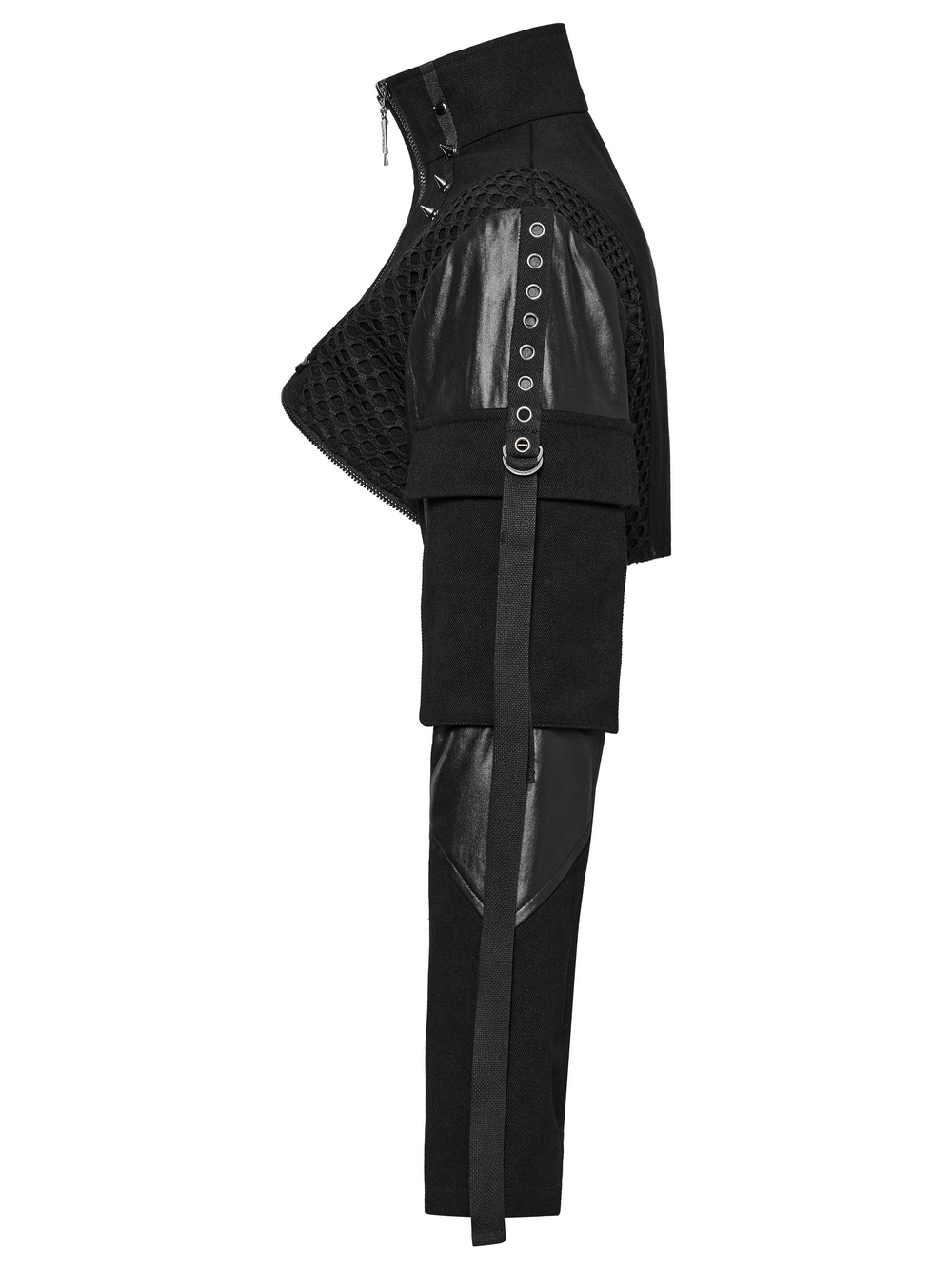 Cyberpunk black cropped jacket featuring zippers and mesh detailing, perfectly edgy for any futuristic wardrobe.