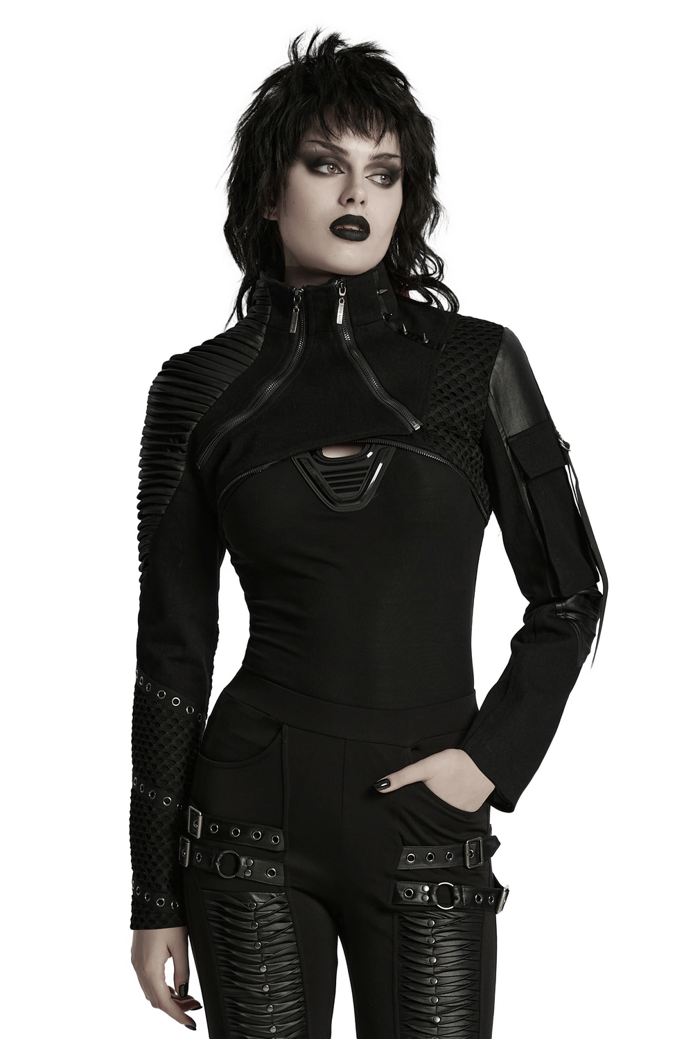 Cyberpunk black cropped jacket with zippers and mesh, featuring stylish design and edgy details.