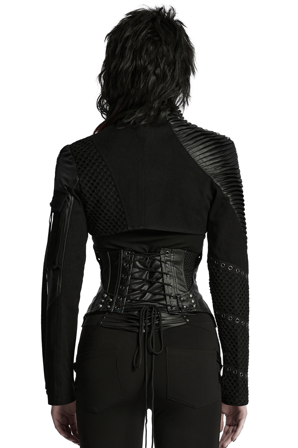Back view of a cyberpunk black cropped jacket featuring zippers and mesh detailing, perfect for edgy fashion lovers.