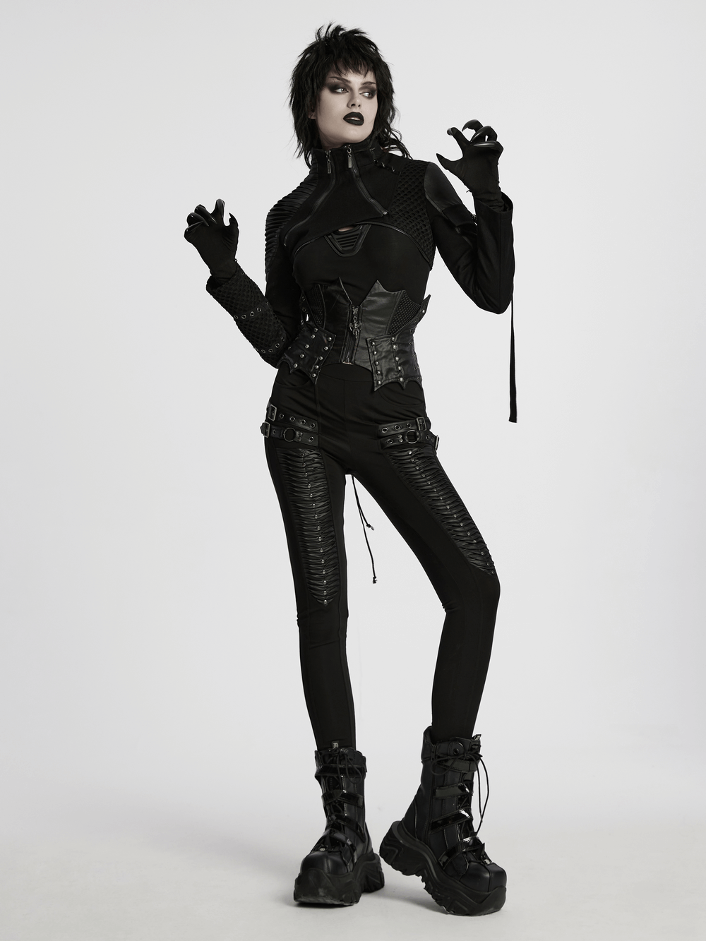 Cyberpunk black cropped jacket with zippers and mesh, perfect for edgy street style and futuristic fashion.