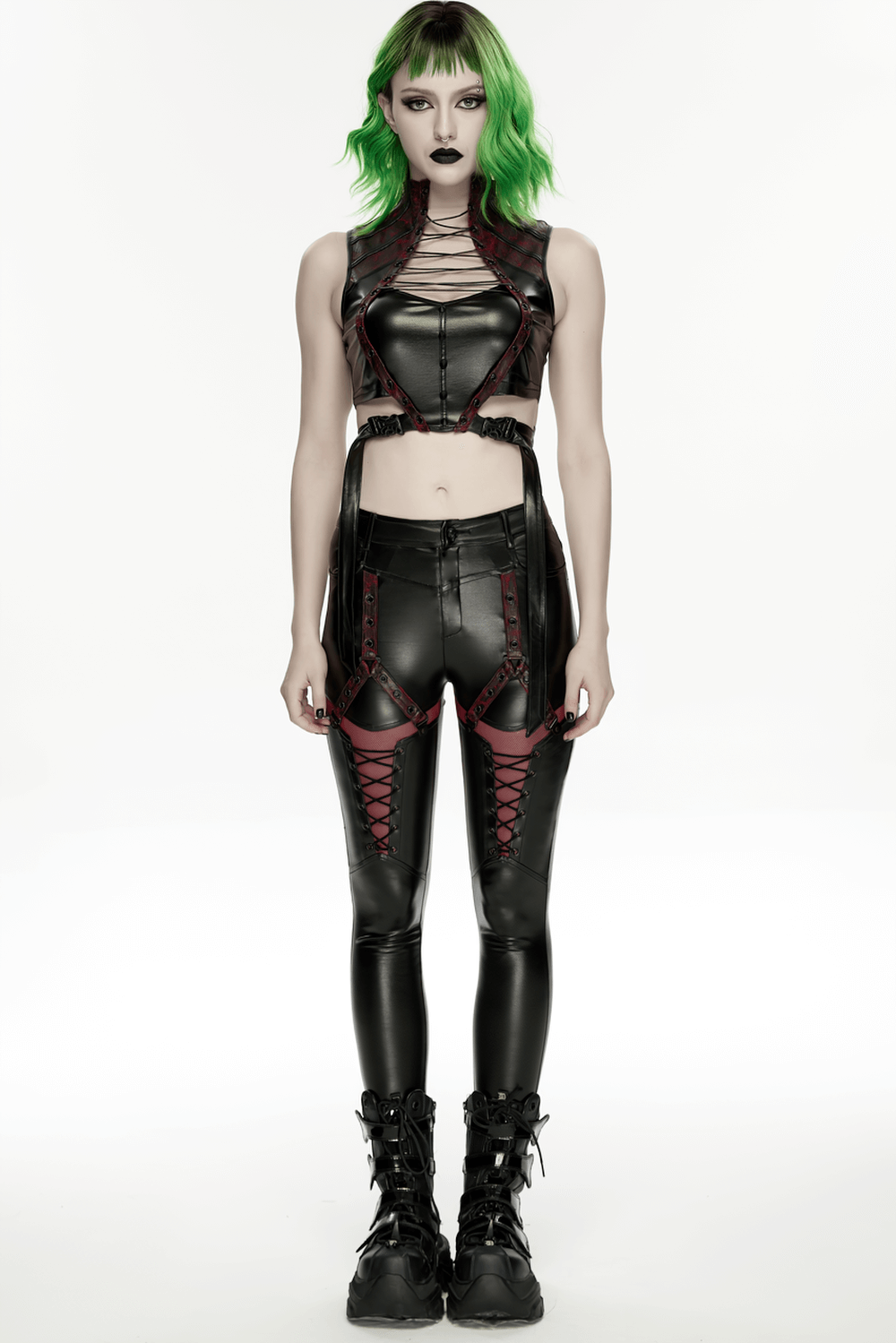 Cyberpunk Black Faux Leather Lace-Up Leggings with Mesh worn by a model showcasing a stylish, edgy look.