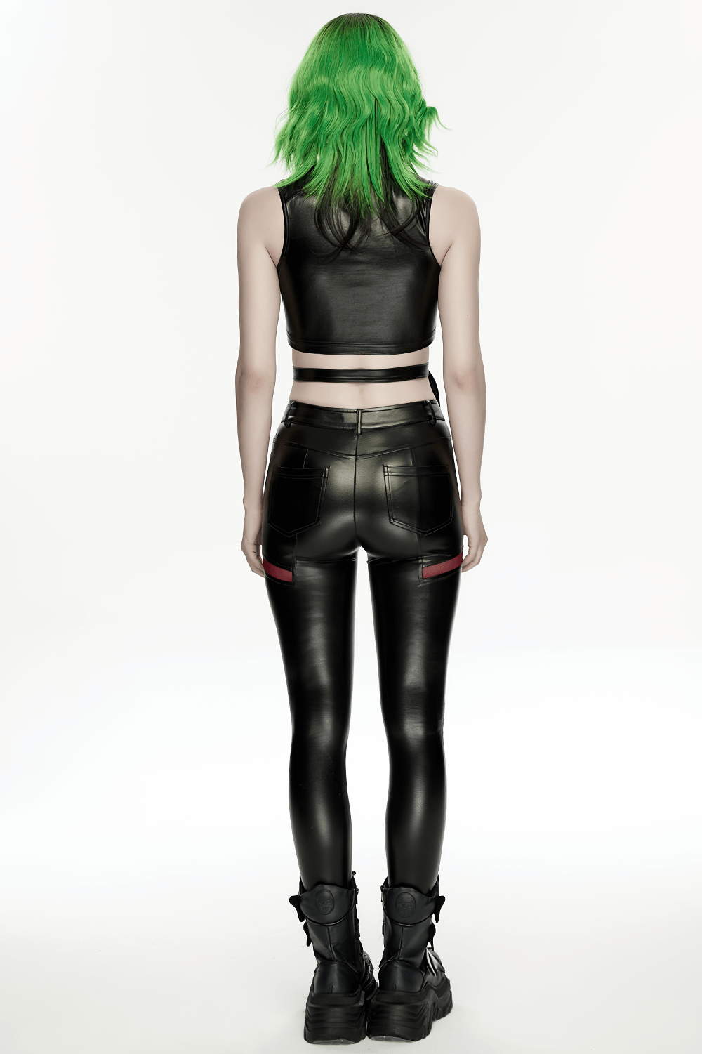 Cyberpunk Black Faux Leather Lace-Up Leggings with Mesh worn by model with green hair from behind.