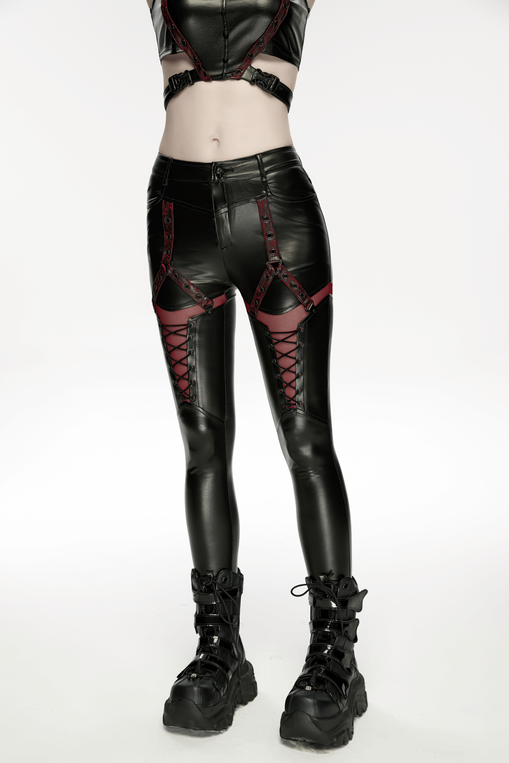 Cyberpunk Black Faux Leather Lace-Up Leggings with Mesh, stylish black leggings featuring cutouts and lace-up details.