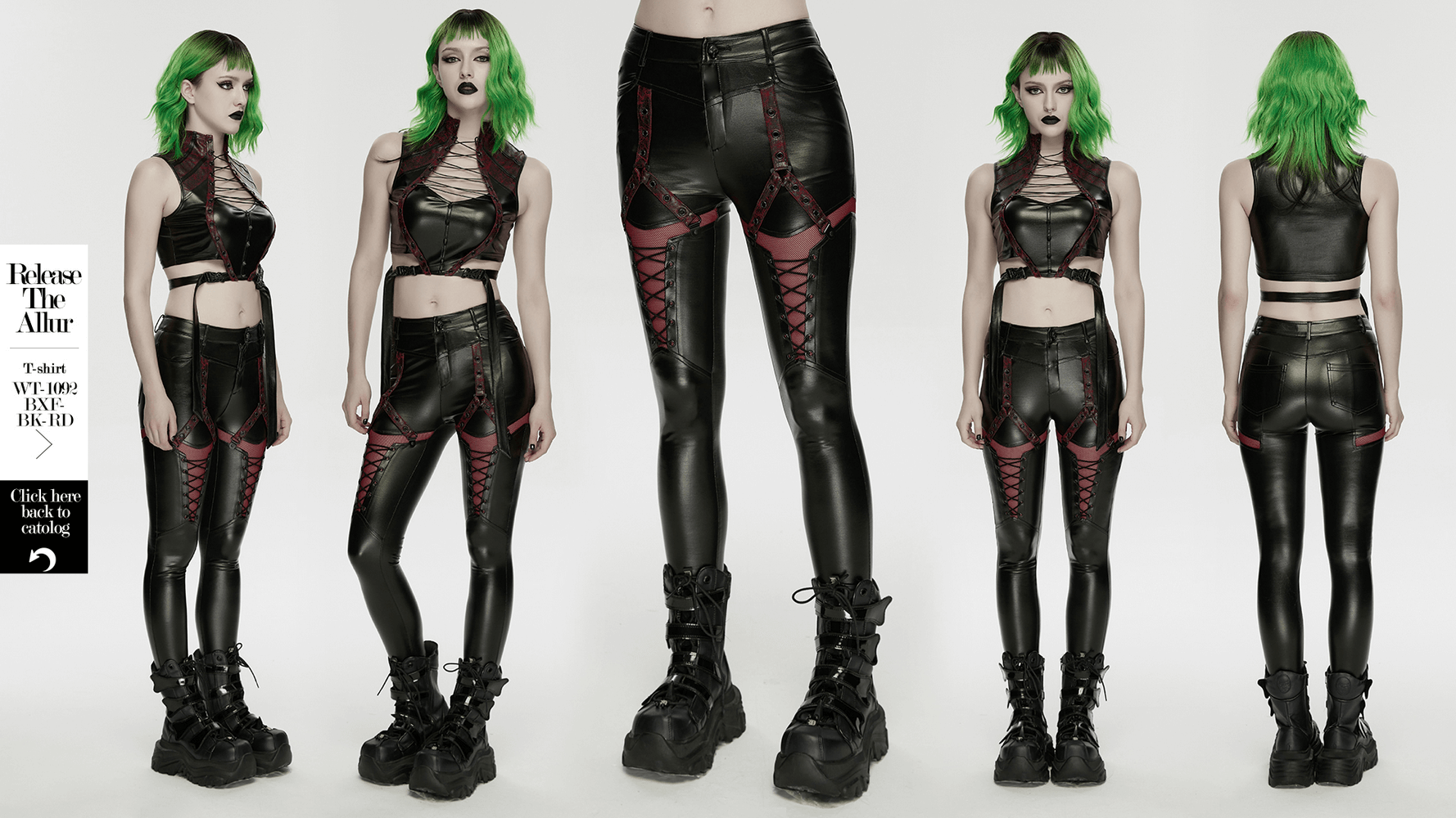 Cyberpunk Black Faux Leather Lace-Up Leggings with Mesh showcased on a model with vibrant green hair.